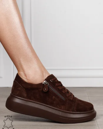 Pantofi Casual Damă din Piele Naturală intoarsa cu Fermoar Lateral CRL1801 CAFENIU