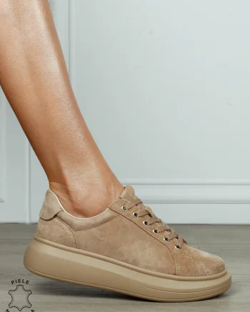 Pantofi Casual Damă din Piele Întoarsă Naturală cu Șiret CRL1802 KHAKI SUEDE