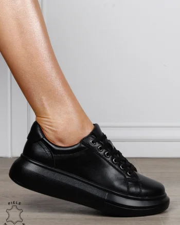 Pantofi Casual Damă din Piele Naturală cu Șiret CRL1802 NEGRU