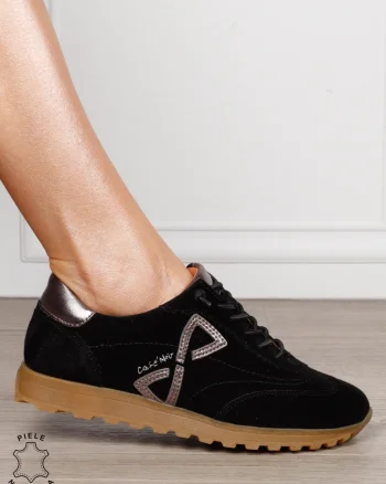 Pantofi Casual Damă din Piele Naturală Întoarsă cu Accente Elegante și Șiret CRL1804 NEGRU