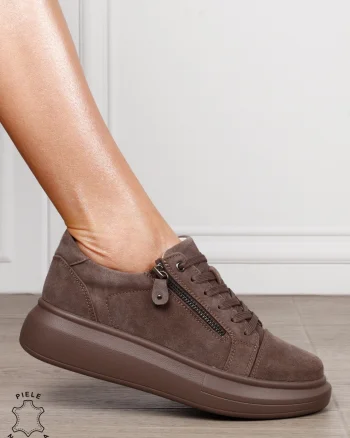 Pantofi Casual Damă din Piele Naturală intoarsa cu Fermoar Lateral CRL1801 TAUPE