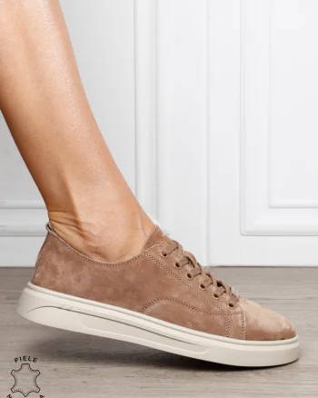 Pantofi casual damă din piele întoarsă naturală cu detaliu decorativ frontal CRL1821 KHAKI