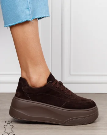 Pantofi casual damă din piele întoarsă naturală cu siret CRL1822 CAFENIU