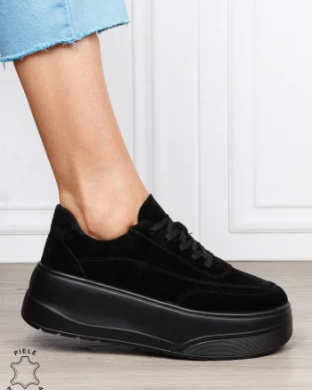 Pantofi casual damă din piele întoarsă naturală cu siret CRL1822 NEGRU