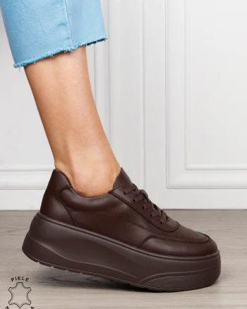 Pantofi casual damă din piele naturală cu siret CRL1822 CAFENIU