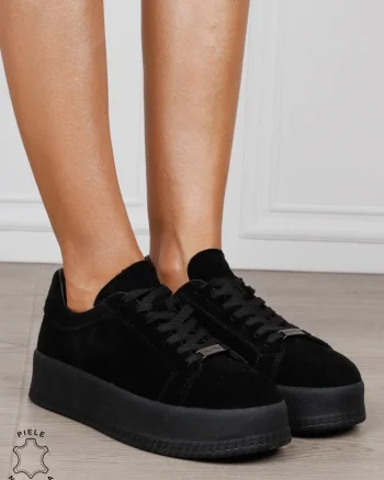 Pantofi casual damă din piele întoarsă naturală cu detaliu decorativ frontal CRL1820 NEGRU
