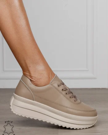 Pantofi Casual de dama din Piele Naturala cu talpa Inalta CRL1201 KHAKI