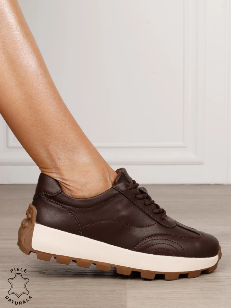 Pantofi damă din piele naturală cu șiret model versatil CRL1852 CAFENIU