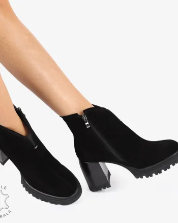 Botine piele naturala intoarsa cu toc Gros si Talpa Aderenta CRL1236 NEGRU