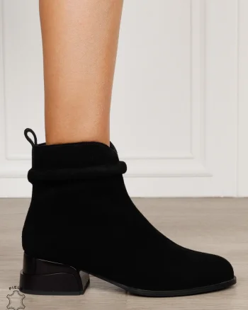 Botine damă din piele naturală Intoarsa cu detaliu decorativ la gleznă CRL1826 NEGRU