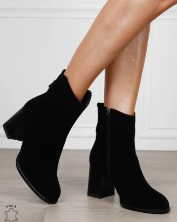 Botine DAMA din PIELE NATURALA CU TOC GROS CRL1497 Negru SUEDE