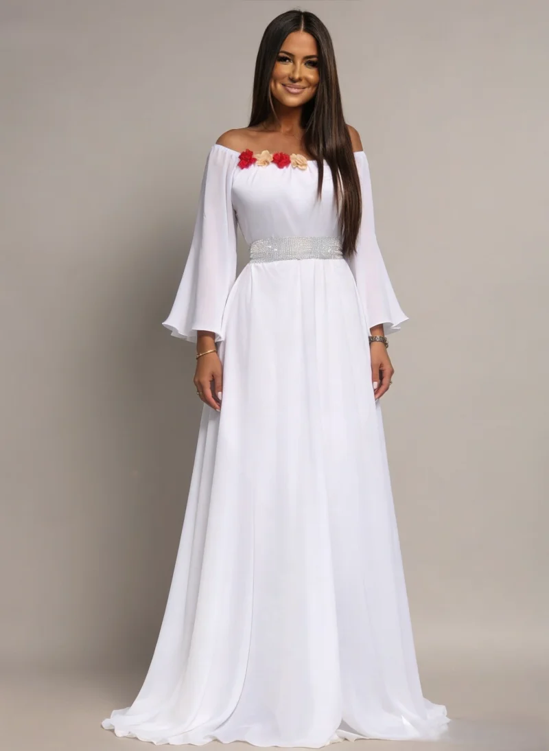 Rochie cununie civila lunga, din voal,alba, cu maneca lunga si umerii goi, FairyTale