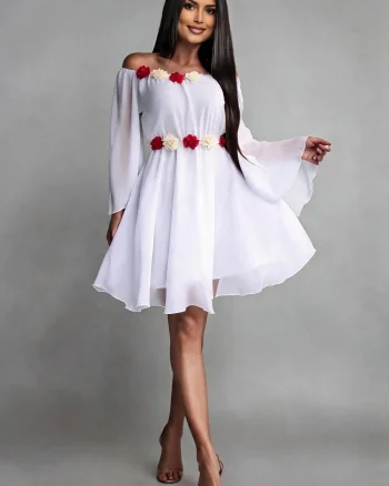Rochie cununie civila, scurta, din voal, alba, cu maneca lunga, Raisa