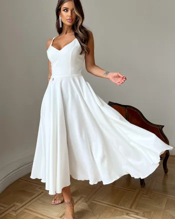 Rochie de cununie civila midi, in clos, alba, cu umerii goi, vaporoasa, Fabiola