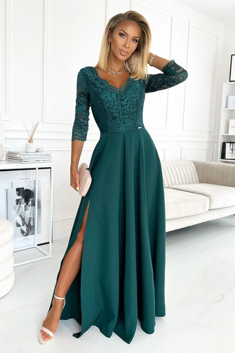 Rochie de ocazie lunga eleganta verde cu dantela pe bust Allegria