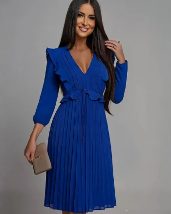 Rochie de ocazie midi albastra plisata cu volane Angel