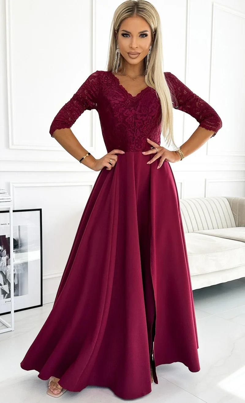 Rochie eleganta lunga din dantela burgundy cu maneca Allegria