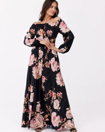 Rochie lunga de vara vaporoasa cu flori cu maneca lunga si umeri goi Blanca