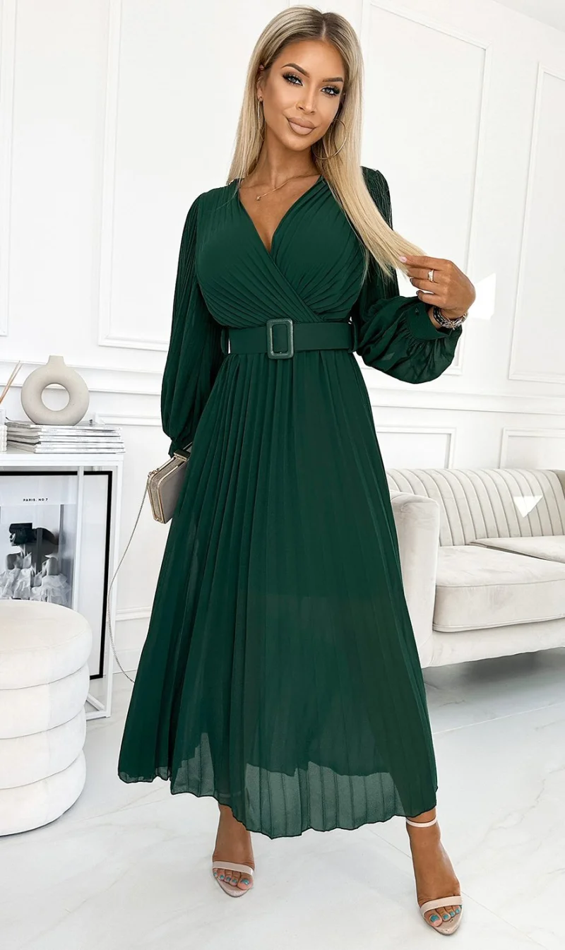 Rochie lunga verde smarald plisata din chiffon cu maneca lunga vaporoasa Vaneira