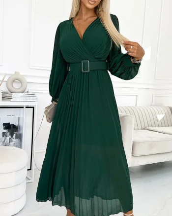Rochie lunga verde smarald plisata din chiffon cu maneca lunga vaporoasa Vaneira