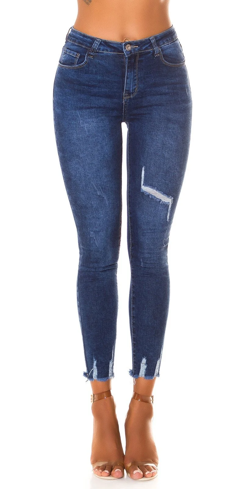 Blugi dama skinny, albastri, uzati, cu talia inalta Bachia