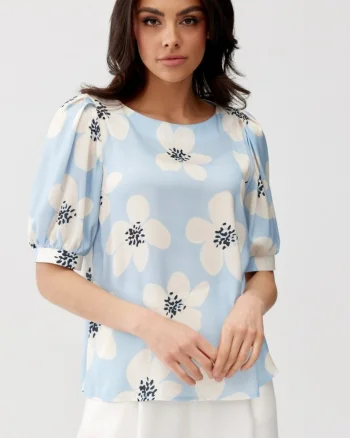 Bluza dama eleganta, bleu cu flori, vaporoasa, JennaR