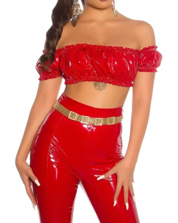 Crop top dama latex rosu incretit cu umeri goi Defne