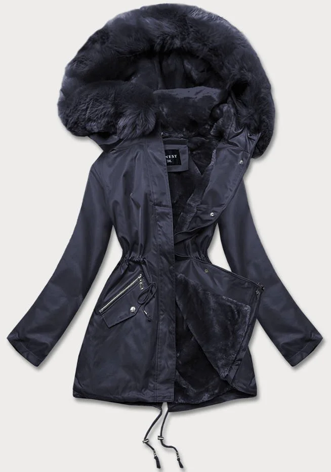 Geaca dama de iarna, bleumarin navy, parka, cu gluga si blanita, Varma