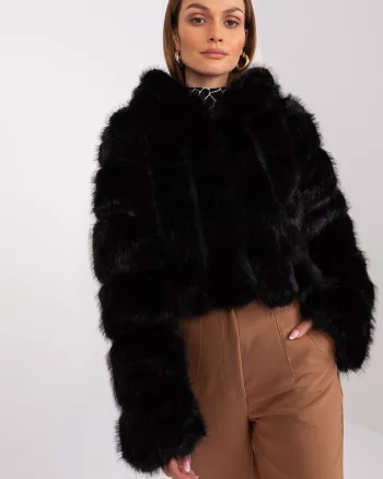 Geaca dama scurta, din blana eco, neagra, cu gluga, Lubelle