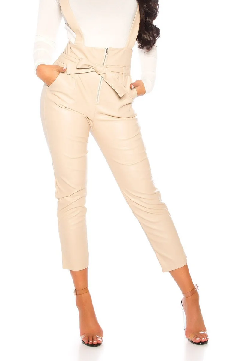 Pantaloni dama casual bej piele eco cu bretele Suzanne