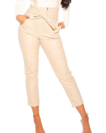 Pantaloni dama casual bej piele eco cu bretele Suzanne