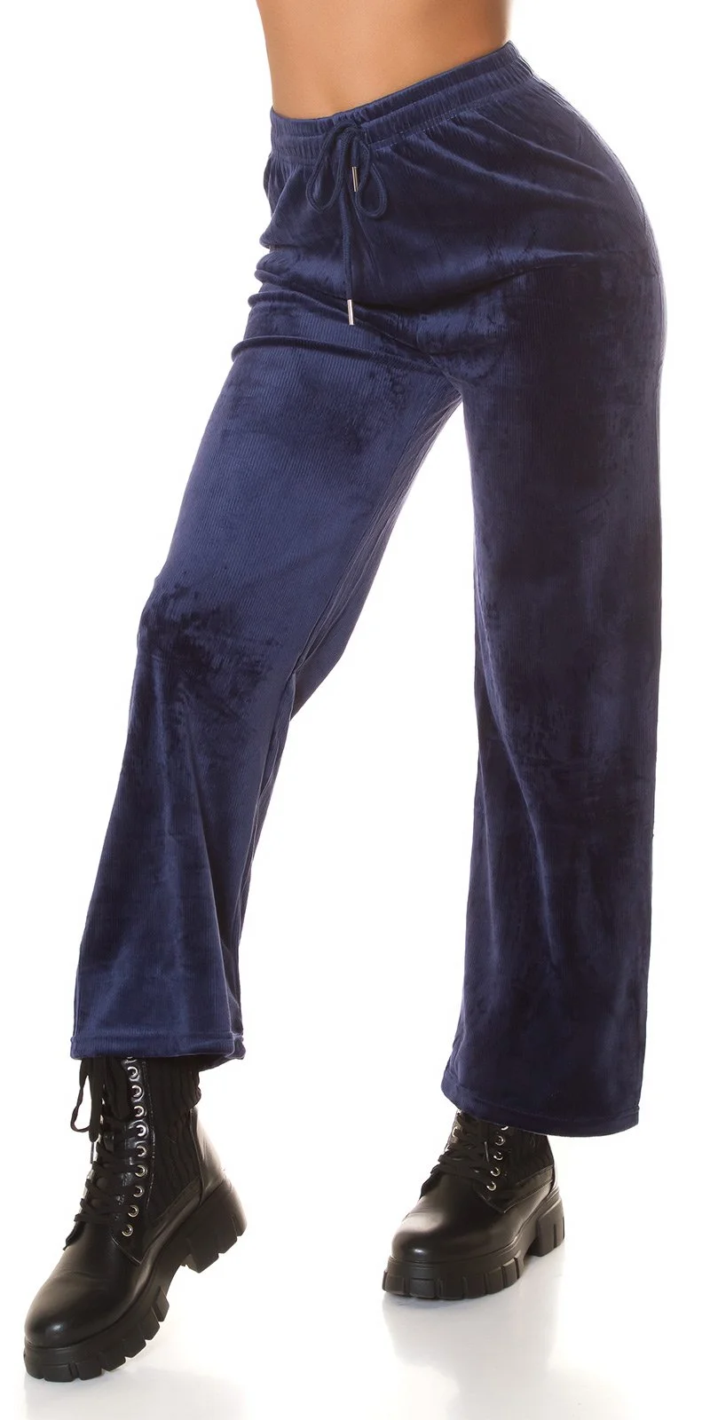 Pantaloni dama evazati, catifea bleumarin, cu talia inalta, Kymber
