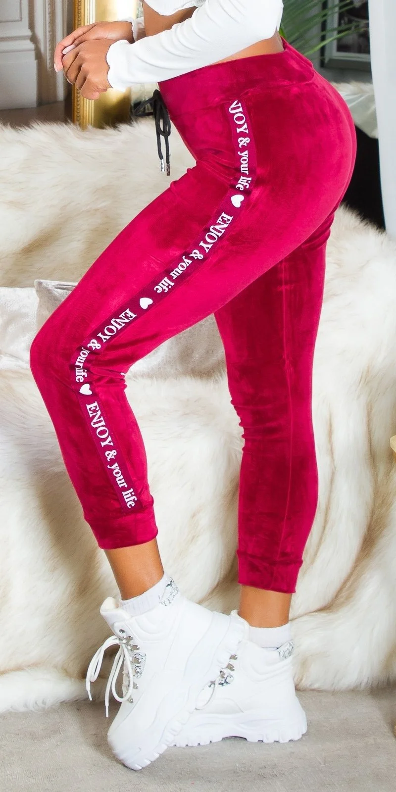 Pantaloni dama trening, burgundy, din catifea, cu dunga alba, Meribeth