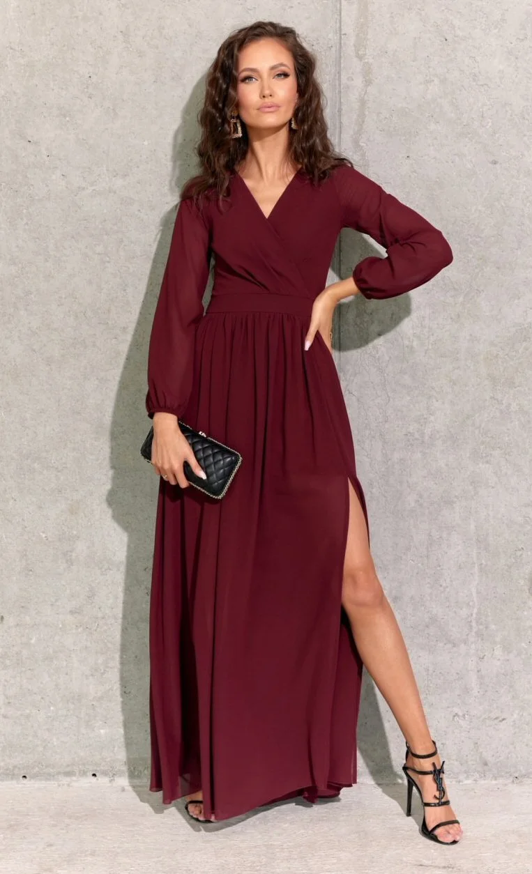 Rochie  lunga din voal chiffon burgundy vaporoasa cu maneca lunga Stella