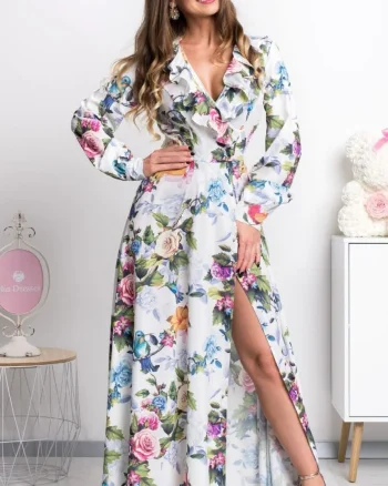 Rochie alba lunga cu flori multicolore cu maneca lunga suprapusa Rosella