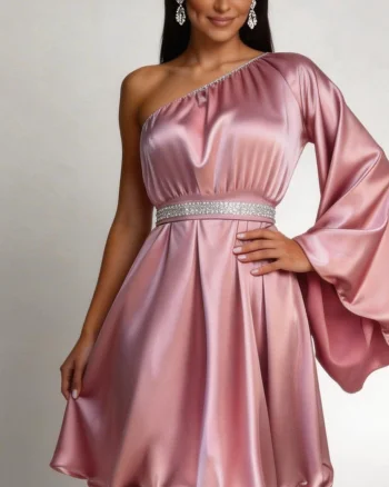 Rochie baby doll din satin roz cu maneca lunga Melike