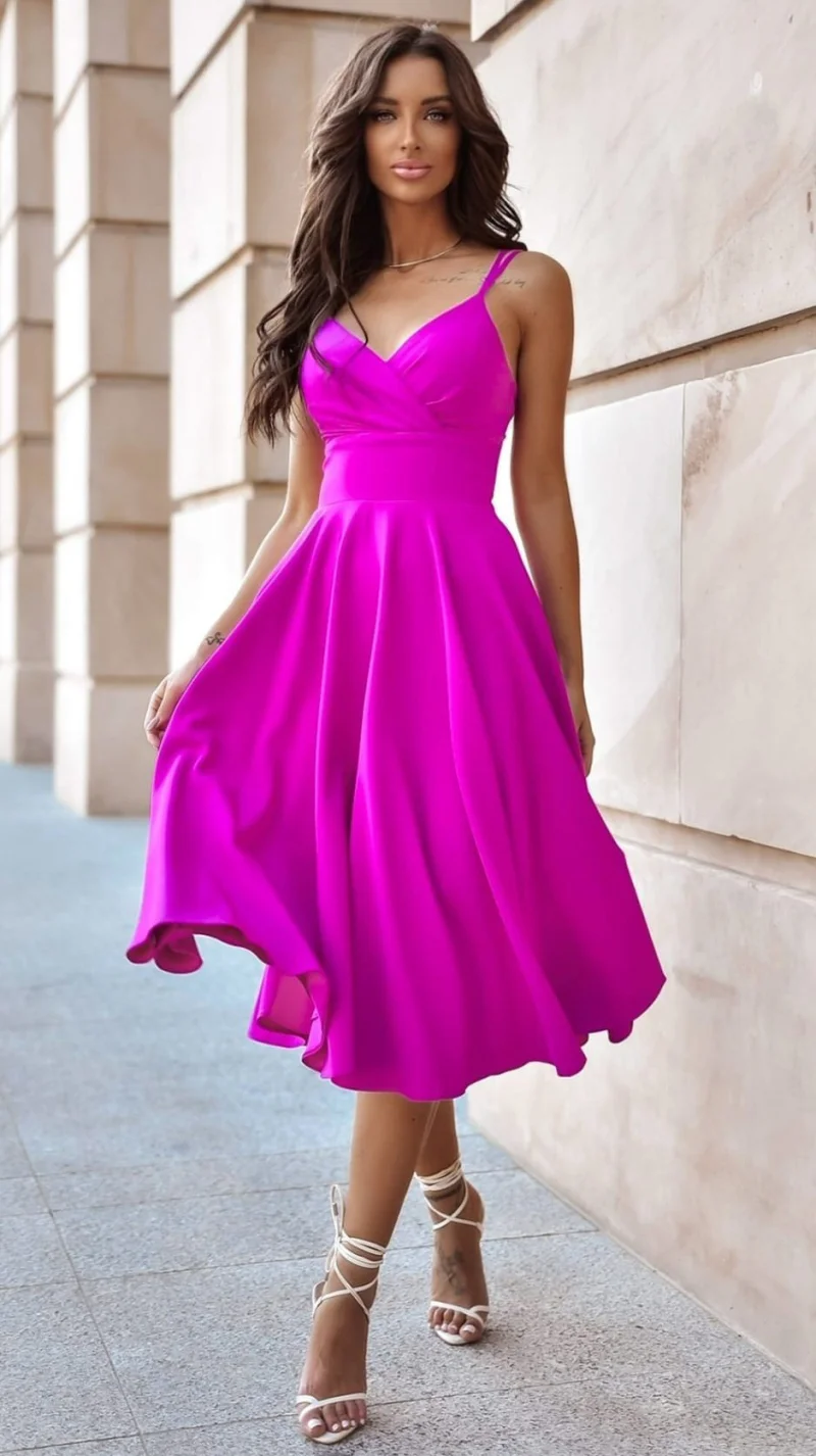 Rochie baby doll midi eleganta din bumbac roz magenta retro TifaniW3