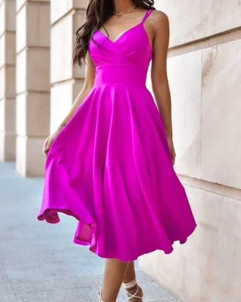 Rochie baby doll midi eleganta din bumbac roz magenta retro TifaniW3