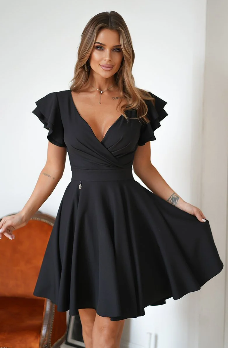 Rochie baby doll neagra din vascoza in clos cu volane la maneca Everly