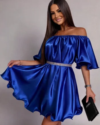 Rochie baby doll scurta din satin albastra Jimena