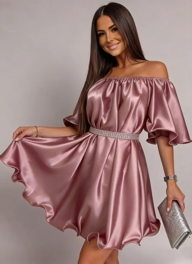 Rochie baby doll scurta din satin roz pal Jimena