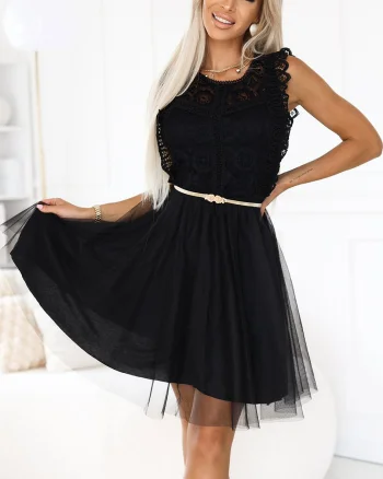 Rochie baby doll scurta neagra din dantela si tulle Delcia
