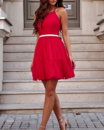 Rochie baby doll scurta, din chiffon, rosie, cu umerii goi, vaporoasa, CristalW