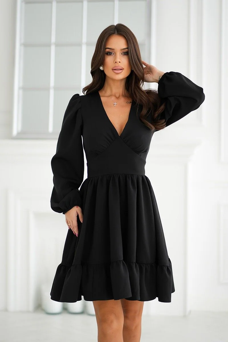 Rochie babydoll neagra babydoll cu volane suprapuse si maneca lunga Rouelle