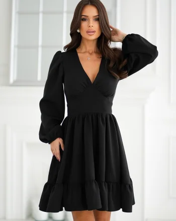 Rochie babydoll neagra babydoll cu volane suprapuse si maneca lunga Rouelle