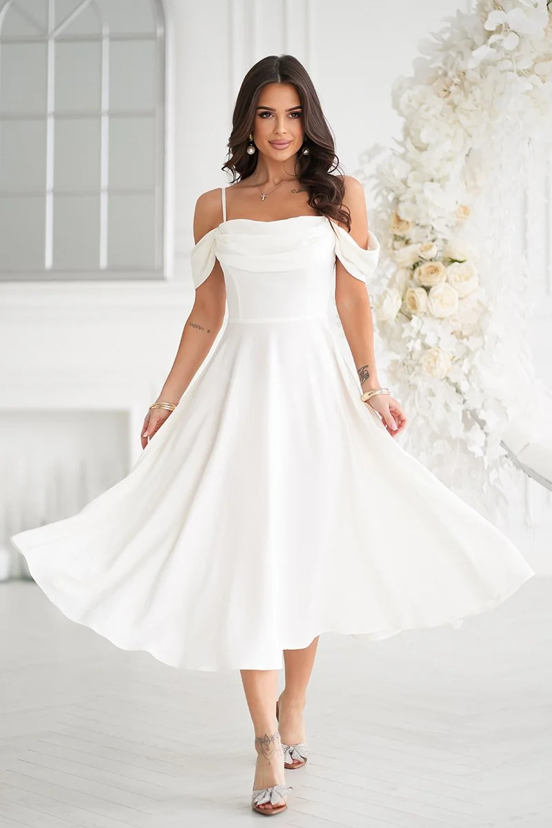 Rochie cununie civila baby doll midi alba cu umerii goi evazata Anelisa