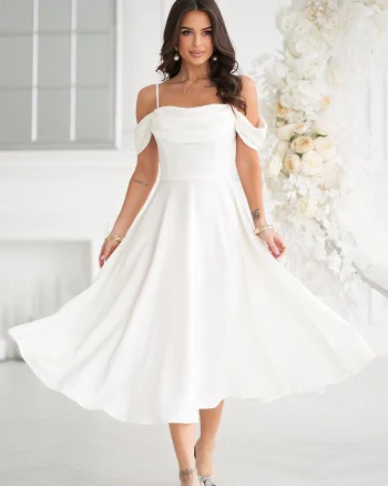 Rochie cununie civila baby doll midi alba cu umerii goi evazata Anelisa