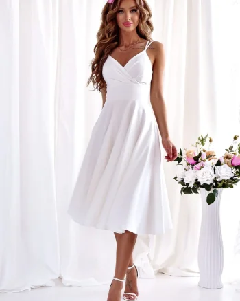 Rochie cununie civila baby doll midi bumbac alba in clos retro TifaniW3