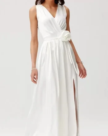 Rochie cununie civila lunga, din satin, alba, cu floare in talie, PalomaR