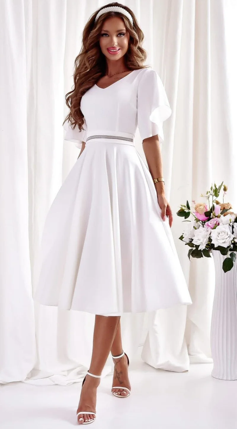 Rochie cununie civila, midi, din bumbac, alba, in clos, asimetrica, LunaW
